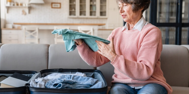 Elderly Woman Folding Clothes into a Suitcase on a Couch at an Assisted Living Facility