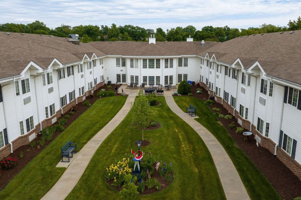 Aerial View of Landscaped Courtyard with Walking Paths for Elderly Assisted Living Care